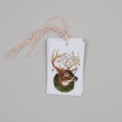 Pack of Christmas Deer Gift Tags with striped pink cotton string