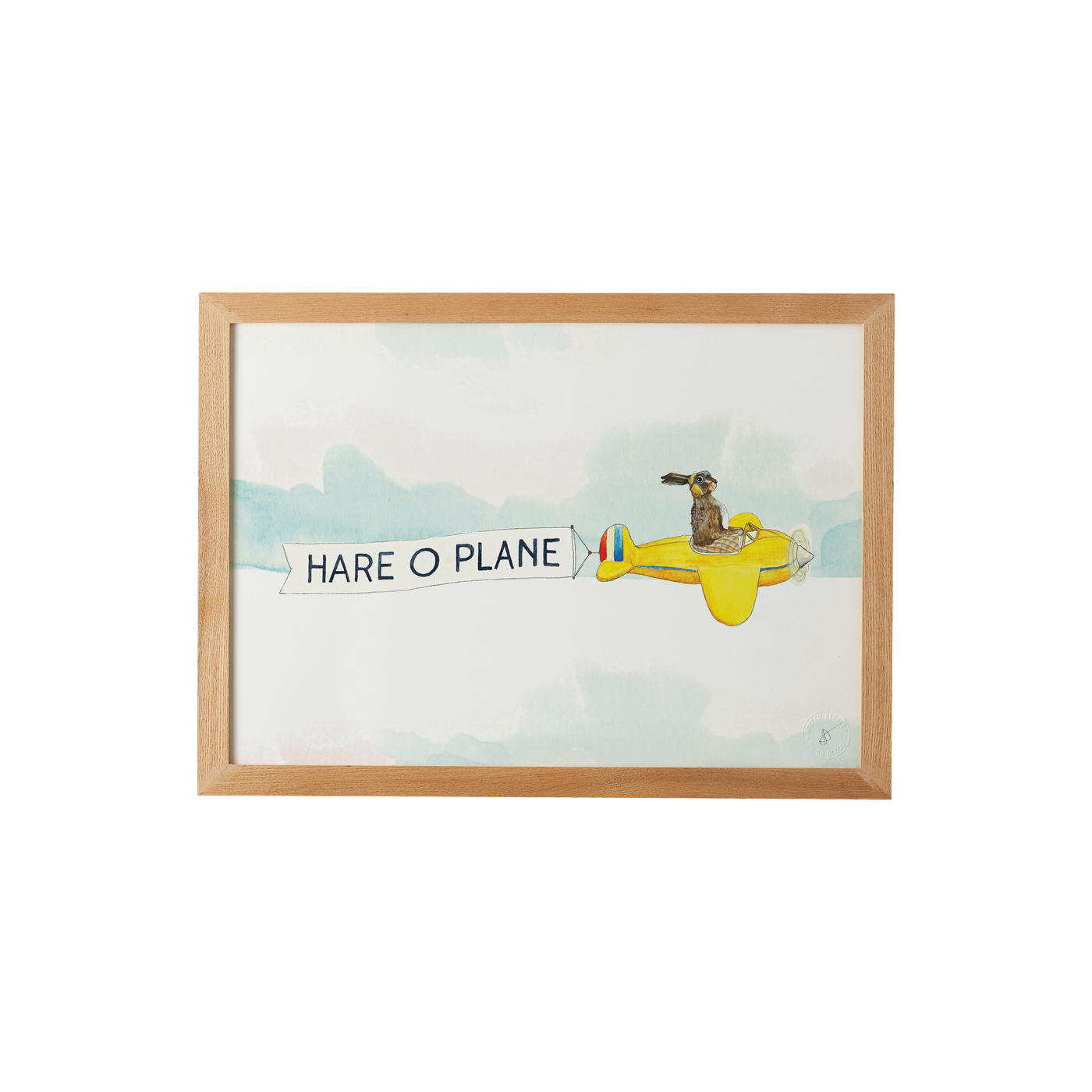 A print of a hare in an aeroplane with a sign behind saying 'hare o plane'
