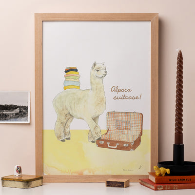 Alpaca Suitcase Pun Print with living room items around