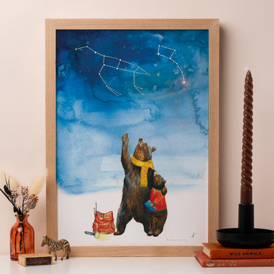 A framed print of 2 bears looking up at the big and little dipper constellations