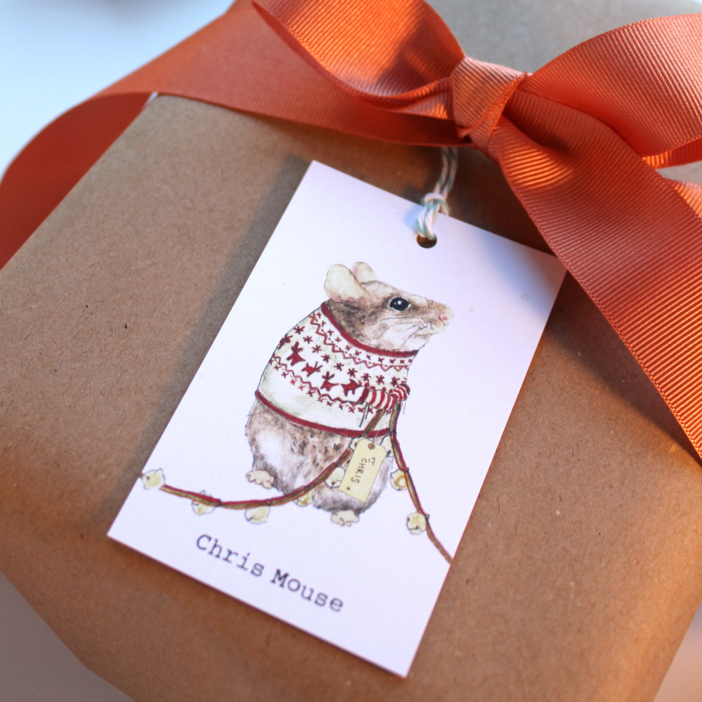 Close up of Chris Mouse Gift Tag on a present