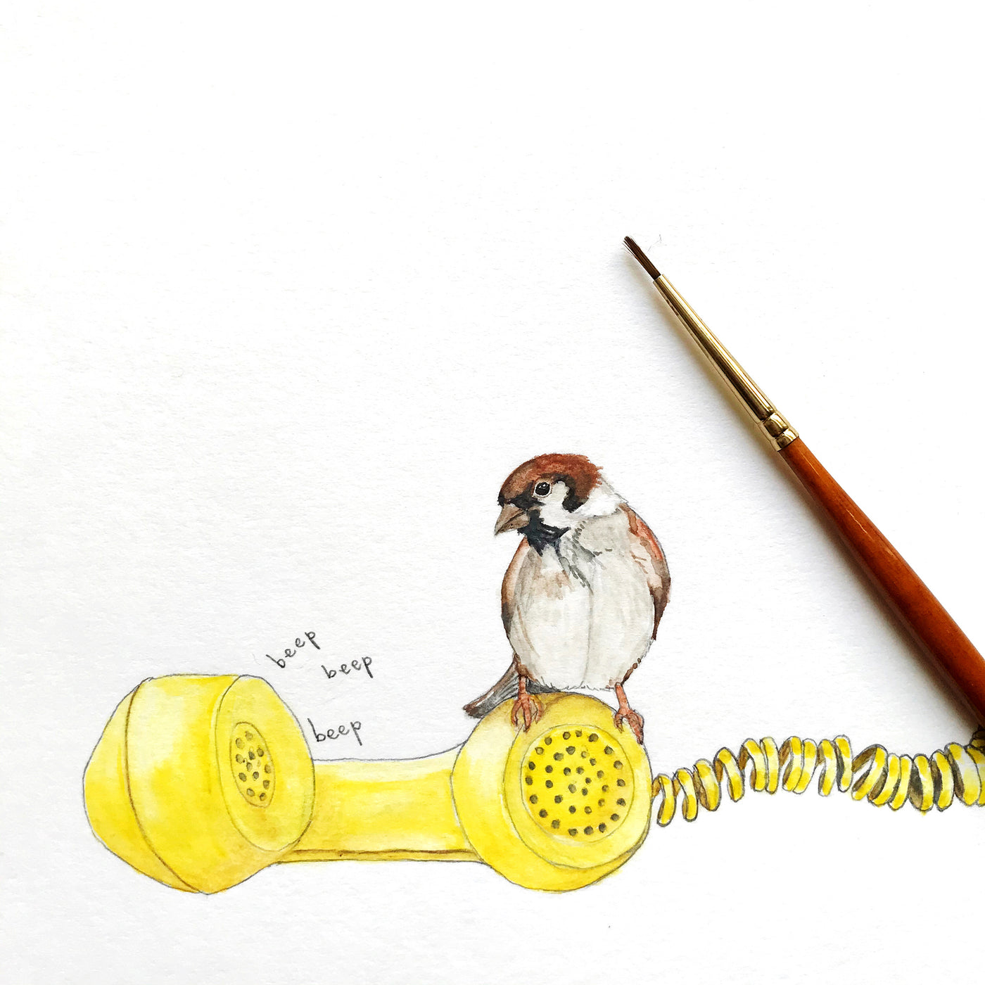 Sparrow sitting on a phone with an engaged tone illustration 