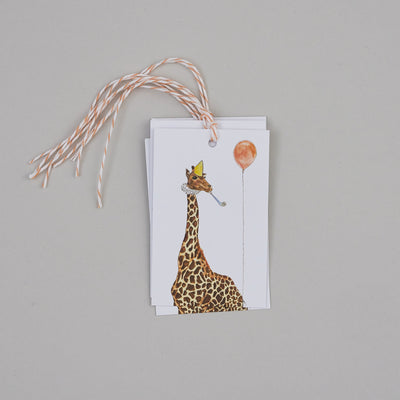 Giraffe with a balloon illustrated gift tags with striped cotton string