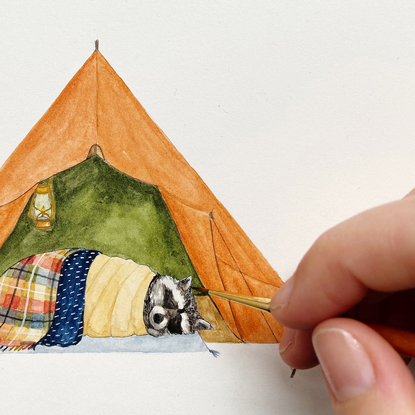 A hand painting a raccoon sleeping in a tent